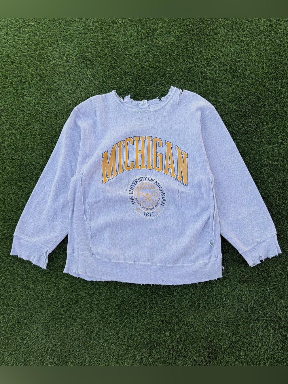Vintage 90s University of Michigan Sweatshirt VERY DISTRESSED Grey Pullover XL
